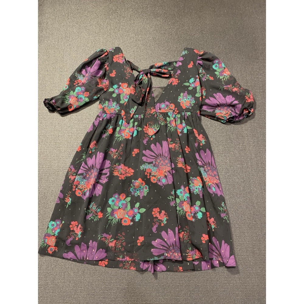 ModCloth Black Floral Puff Sleeve Babydoll Dress size Medium Meow Bouquet Retro - Picture 6 of 6